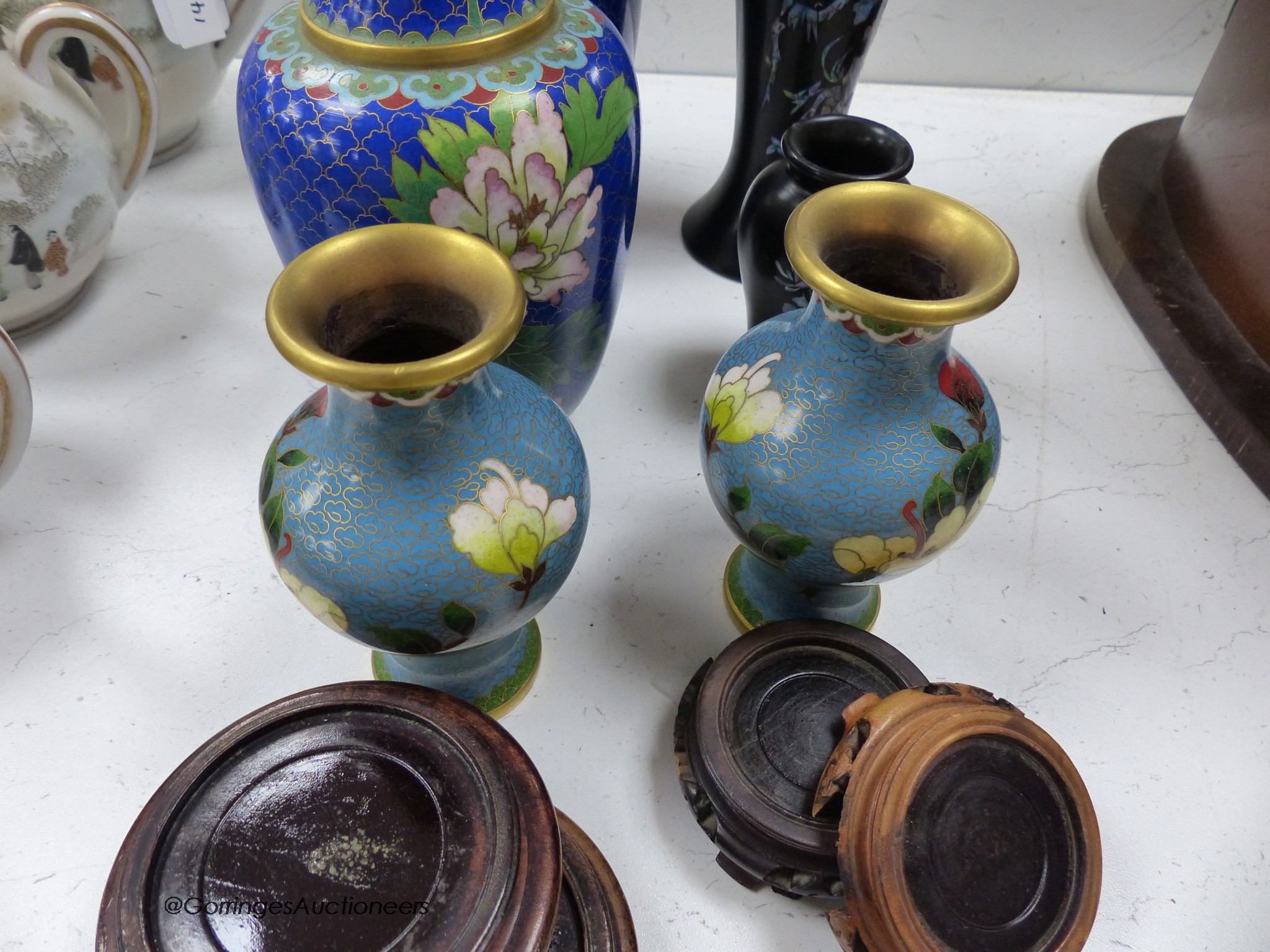 A pair of Chinese cloisonne vases and a smaller pair of cloisonne vases, and two mother of pearl inlaid vases, height 44cm